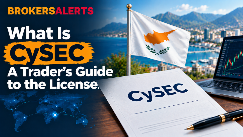 CySEC license guide with the flag of Cyprus, a document titled Cyprus Securities and Exchange Commission and a laptop showing a trading chart
