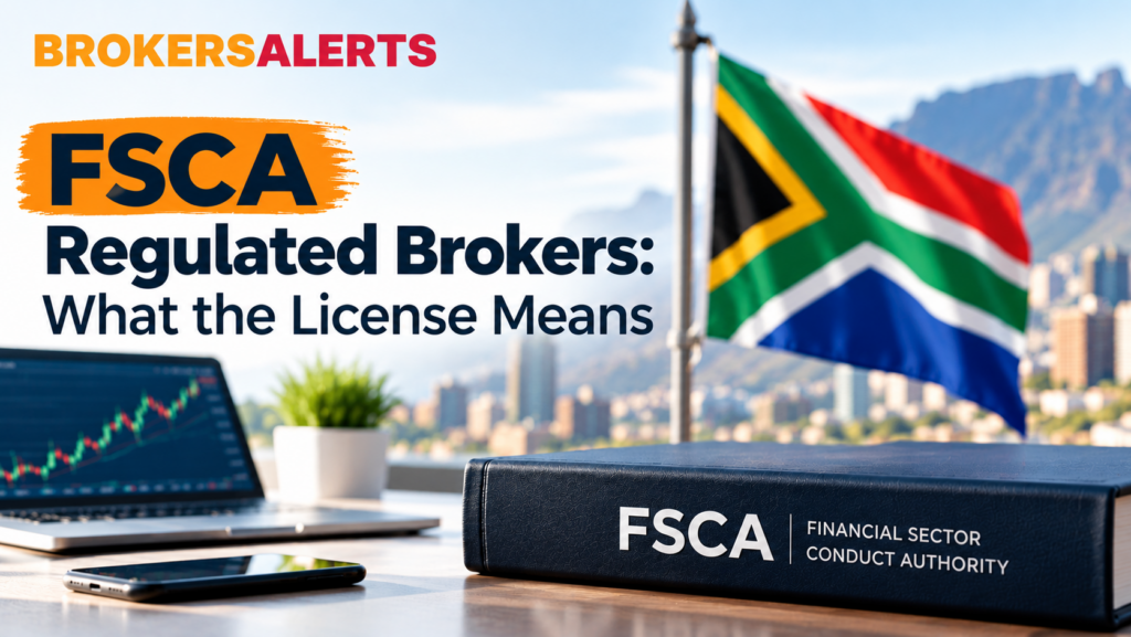 FSCA regulated brokers guide with the South African flag, a Financial Sector Conduct Authority book and a laptop showing a forex chart
