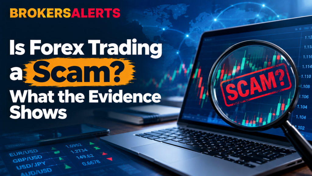 Is forex trading a scam? A magnifying glass over a red “SCAM?” stamp on a laptop showing a forex trading chart