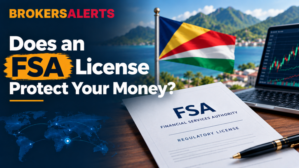 Seychelles forex license guide with the Seychelles flag, an FSA license document and a laptop showing a trading chart